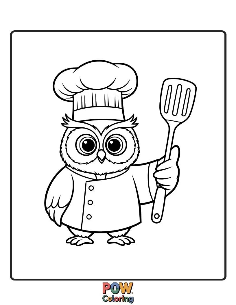 Free coloring page of A funny owl in a chef hat, flipping pancakes with a determined look.