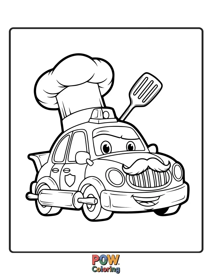 Free coloring page of Chef police car, ready to enforce the rules of the kitchen, serves up order with a dash of culinary flair.