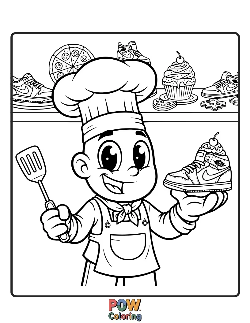 Free coloring page of The chef created a unique sneaker themed pastry for a display creation.