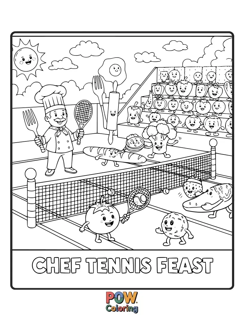Free coloring page of A chef in a tall hat playing tennis, with ingredients and kitchen utensils scattered around the court.