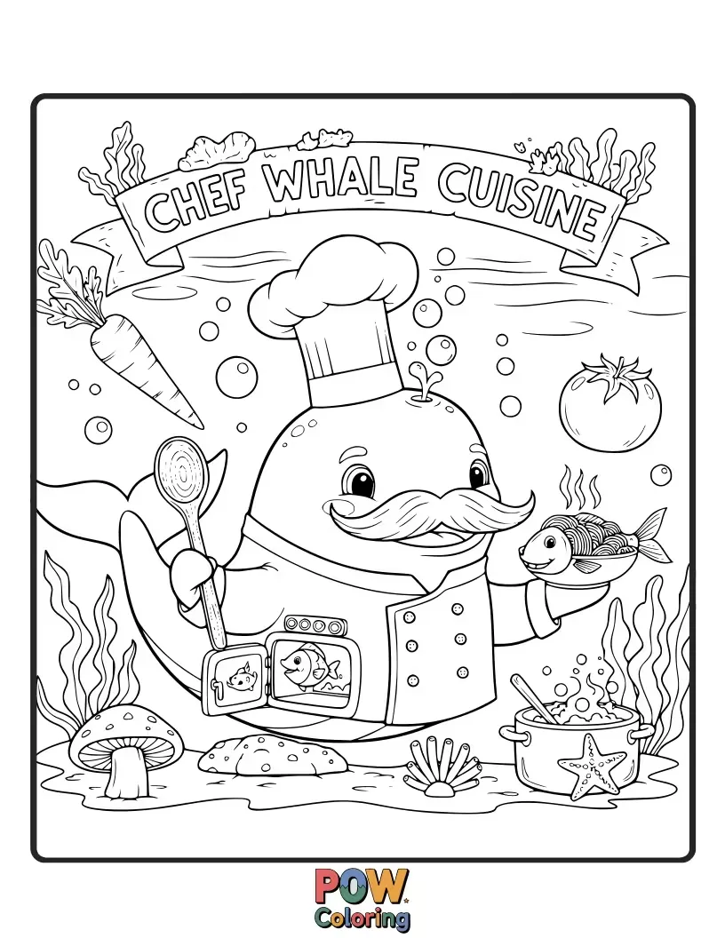 Free coloring page of A jolly whale in a chef's hat, expertly stirring a giant pot of bubbly soup with a whisk.