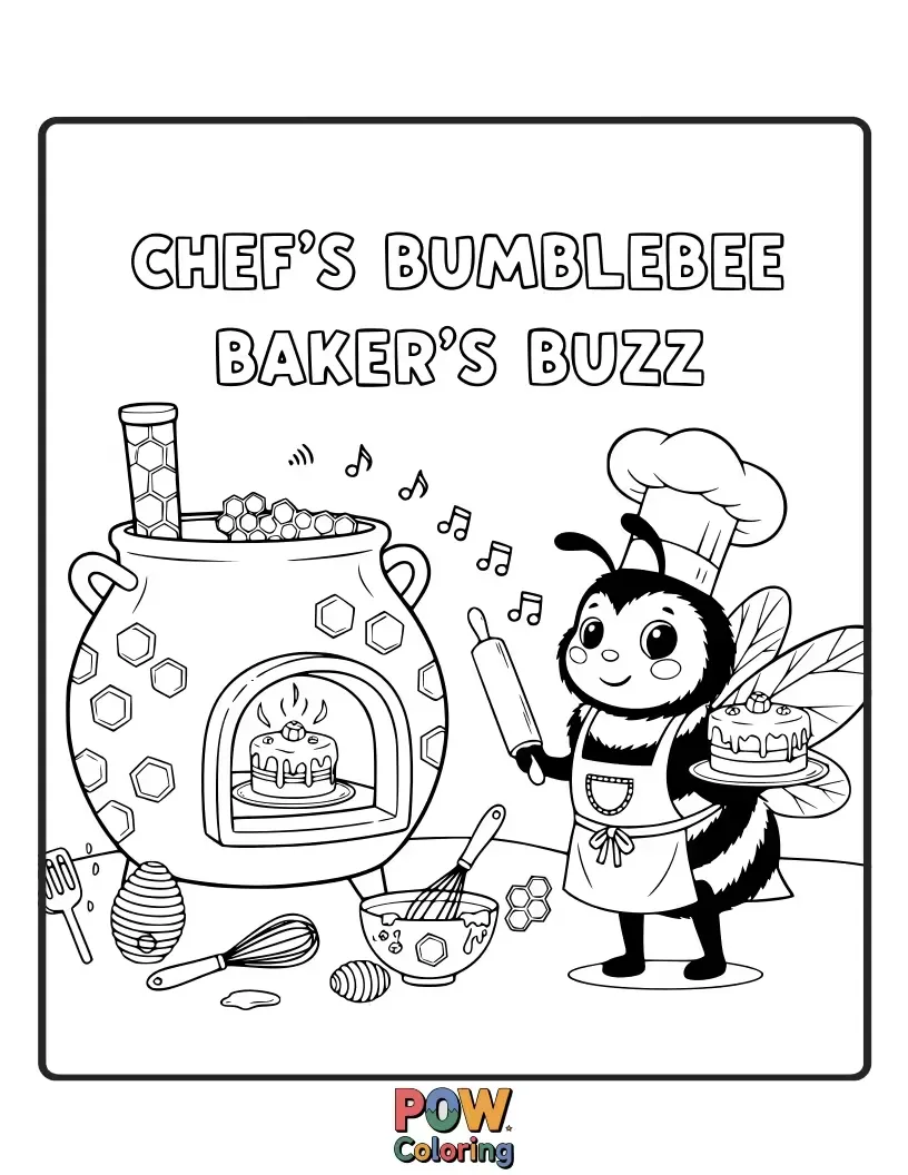 Free coloring page of A busy chef dressed as a bumblebee, buzzing around a hive of delicious cupcakes and honey-drizzled treats.