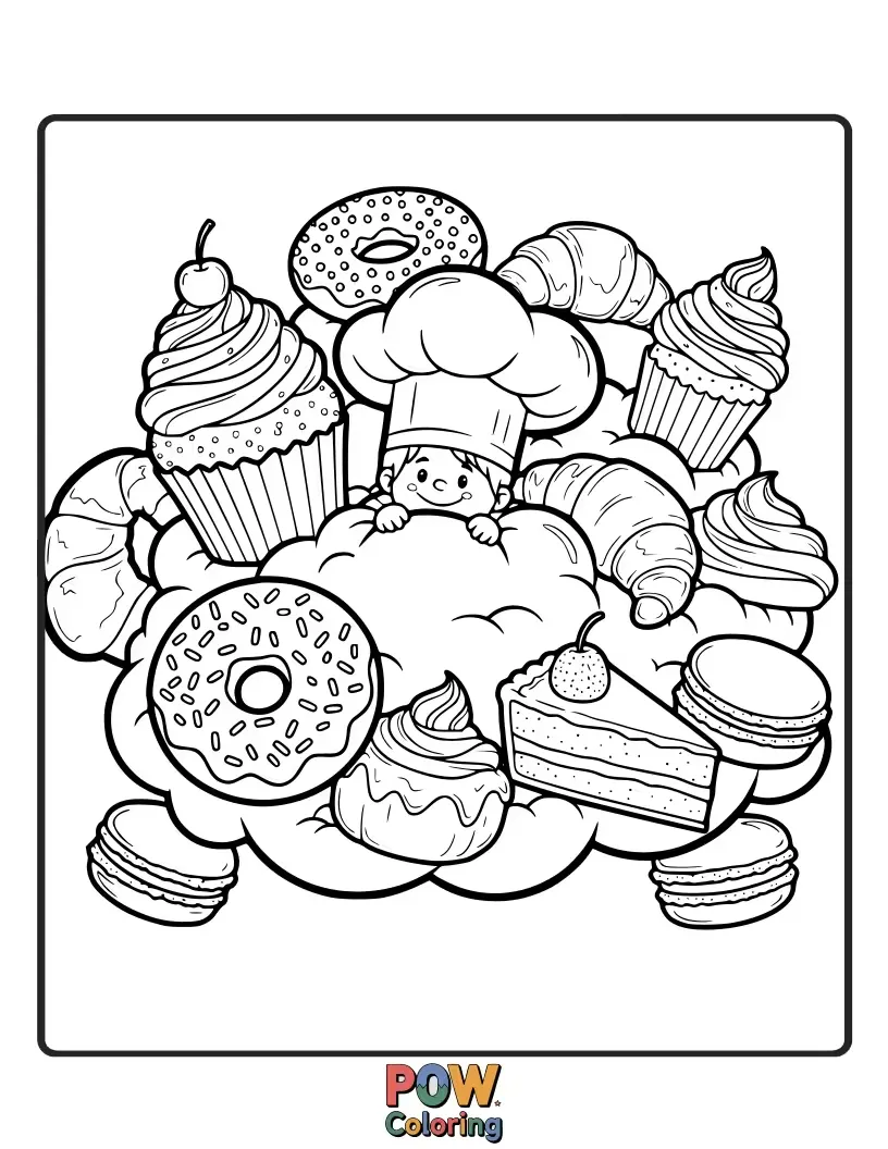 Free coloring page of A dreamy chef floating on a fluffy pastry cloud, decorating cupcakes with sprinkles and stars, enjoying a sweet, ethereal experience.
