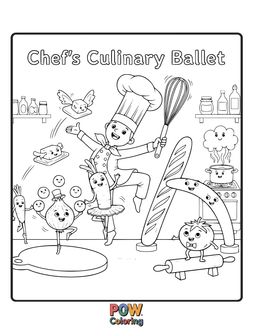 Free coloring page of A chef in a puffy tutu and ballet slippers juggles whisks while doing a graceful fouetté. Delicious dancing!