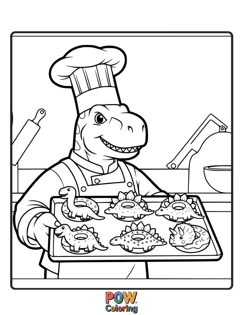 Free coloring page of A friendly chef creating giant, prehistoric-themed doughnuts adorned with dinosaur footprints and volcanic frosting for a roaring good time.