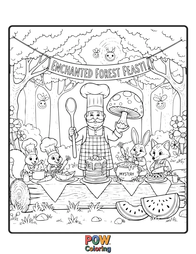 Free coloring page of A graceful chef hosting a magical feast in an enchanted forest, with woodland creatures dining on luminous berries and glowing mushrooms.
