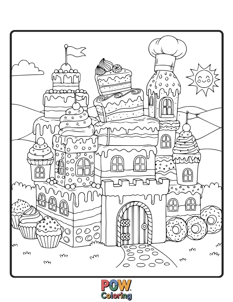 Free coloring page of A regal chef building an elaborate castle entirely out of delicious cake layers, frosting turrets, and candy windows.