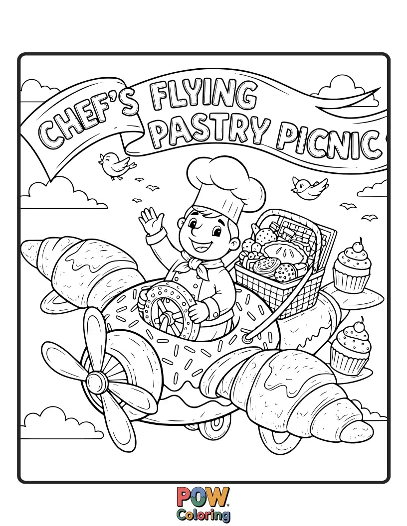 Free coloring page of A joyful chef soaring through the clouds on a giant pancake, sharing cupcakes with smiling birds and fluffy clouds.