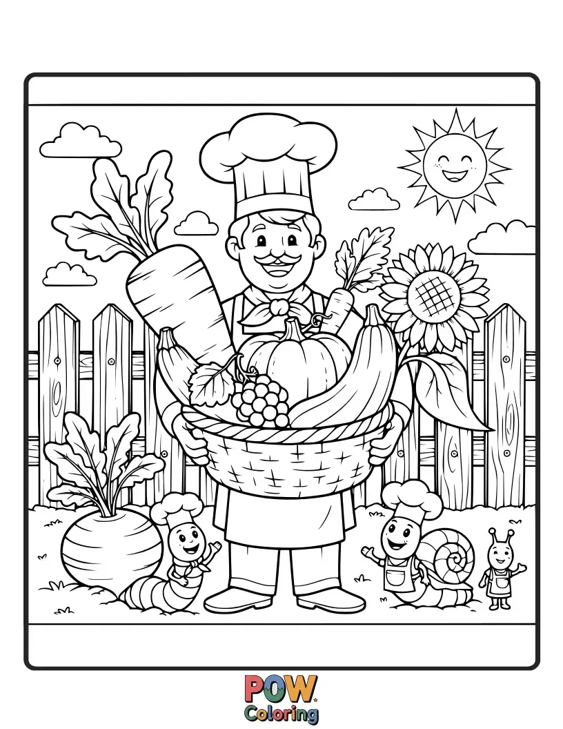 Free coloring page of A gentle chef surrounded by a vibrant garden, lovingly gathering plump vegetables and blooming herbs for a fresh, healthy meal.