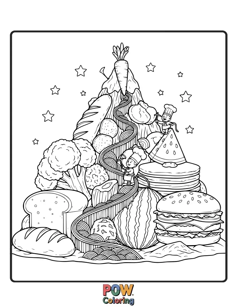Free coloring page of A brave chef scaling a mountain made of delicious pastries and fruits, with a triumphant expression and a chef's hat perched high.