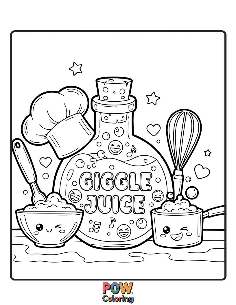 Free coloring page of A mischievous chef brewing a bubbly "giggle juice" potion that causes colorful laughter and joy to spill from the cauldron.
