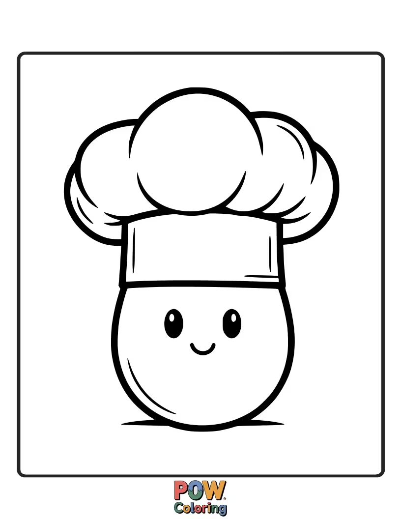 Free coloring page of A cheerful egg wearing a tall chef's hat, ready to be colored with the flavors of a culinary masterpiece.