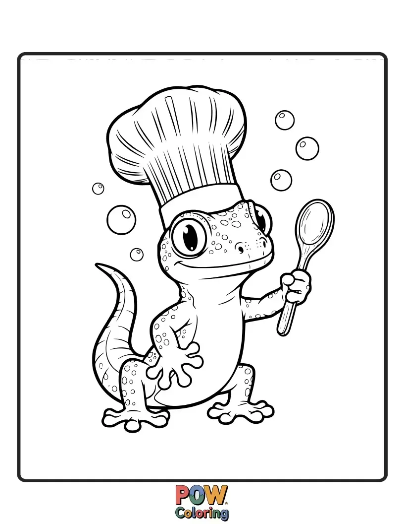 Free coloring page of A gecko lizard sporting a tall chef's hat and an apron, ready to whip up culinary delights.