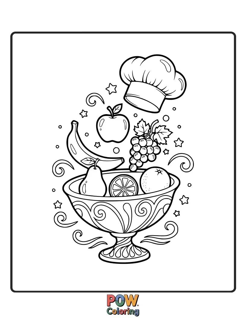 Free coloring page of A graceful chef levitating a giant bowl overflowing with enchanted fruits, each with its own unique sparkle and glow.