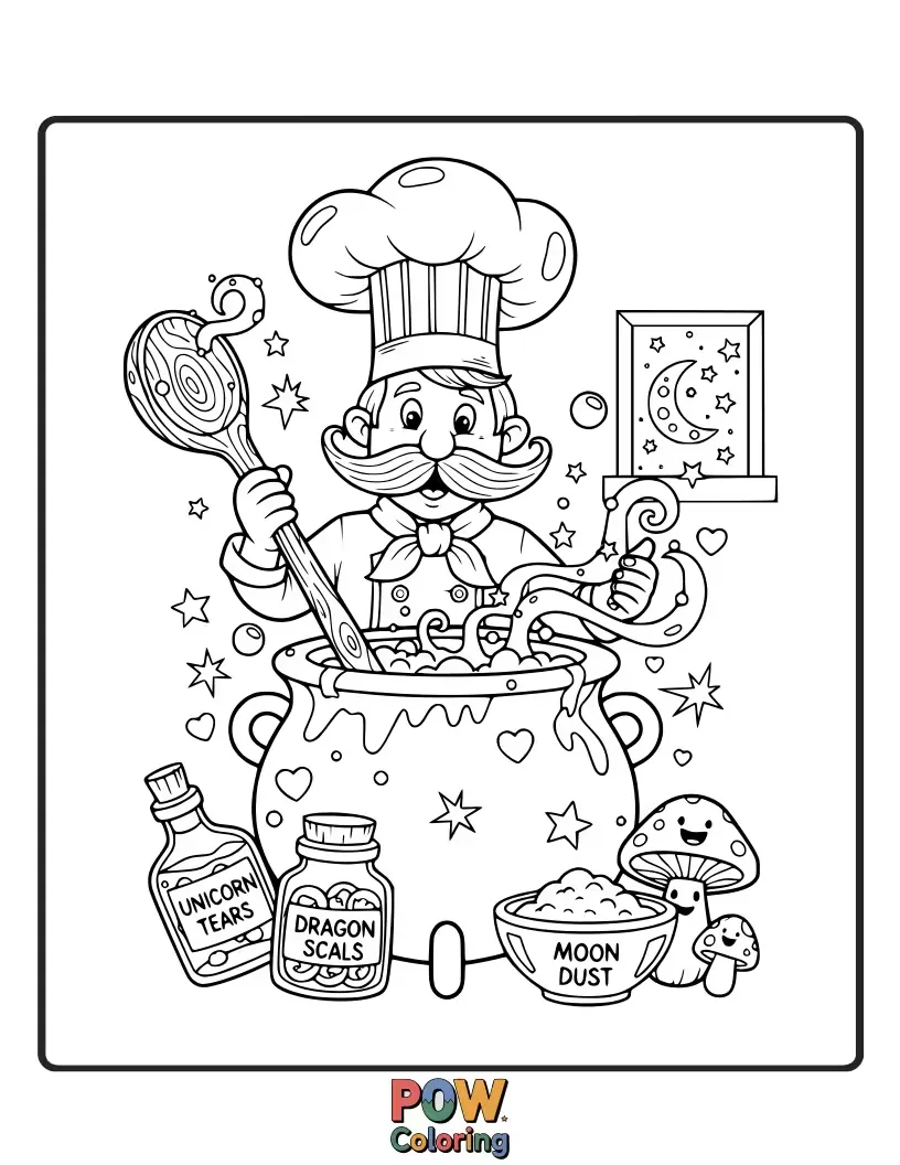 Free coloring page of A mysterious chef in a dimly lit room, stirring a glowing potion in a cauldron, with bubbling liquids and shimmering ingredients.
