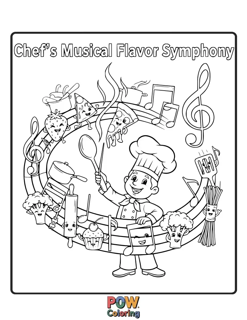 Free coloring page of A passionate chef conducting a symphony of flavors, with musical notes rising from delicious food items, creating a harmonious culinary experience.