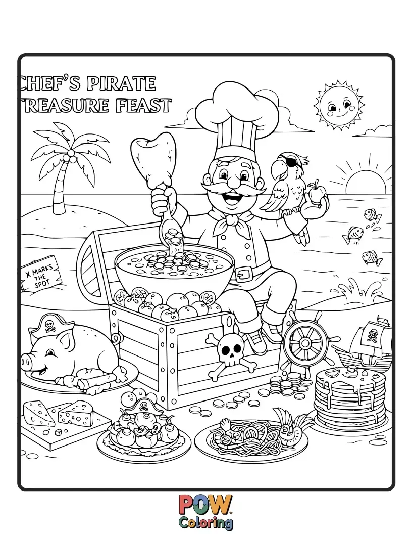Free coloring page of A swashbuckling chef digging for culinary treasure, unearthing delicious ingredients and preparing a feast fit for a pirate crew.