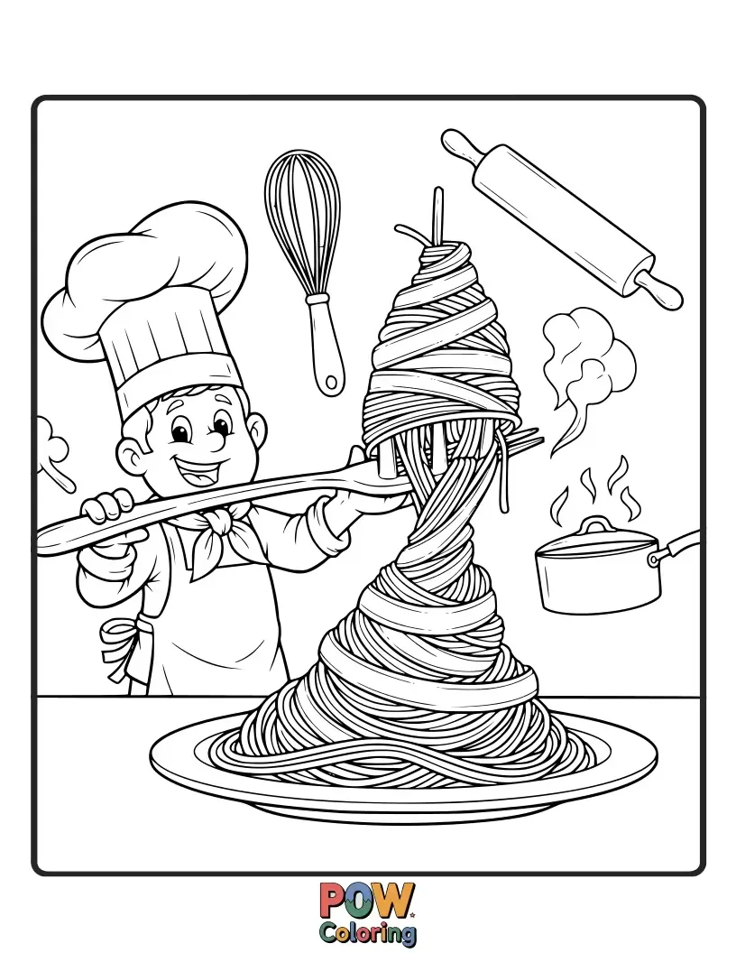 Free coloring page of A fun-loving chef creating a vibrant masterpiece of rainbow-colored spaghetti twirling into a delicious bowl, with a cheerful grin.