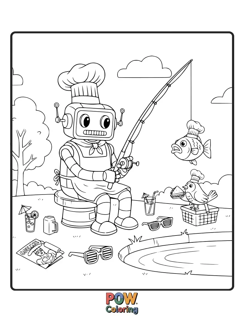 Free coloring page of A whimsical robot chef relaxing in a park, enjoying a picnic with circuits and gears playfully incorporated into the scene.