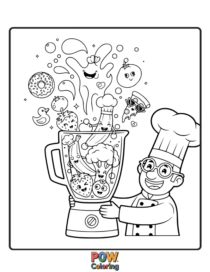 Free coloring page of A giggling chef blending a hilarious smoothie with unexpected ingredients like rubber ducks and mismatched socks, creating a funny concoction.