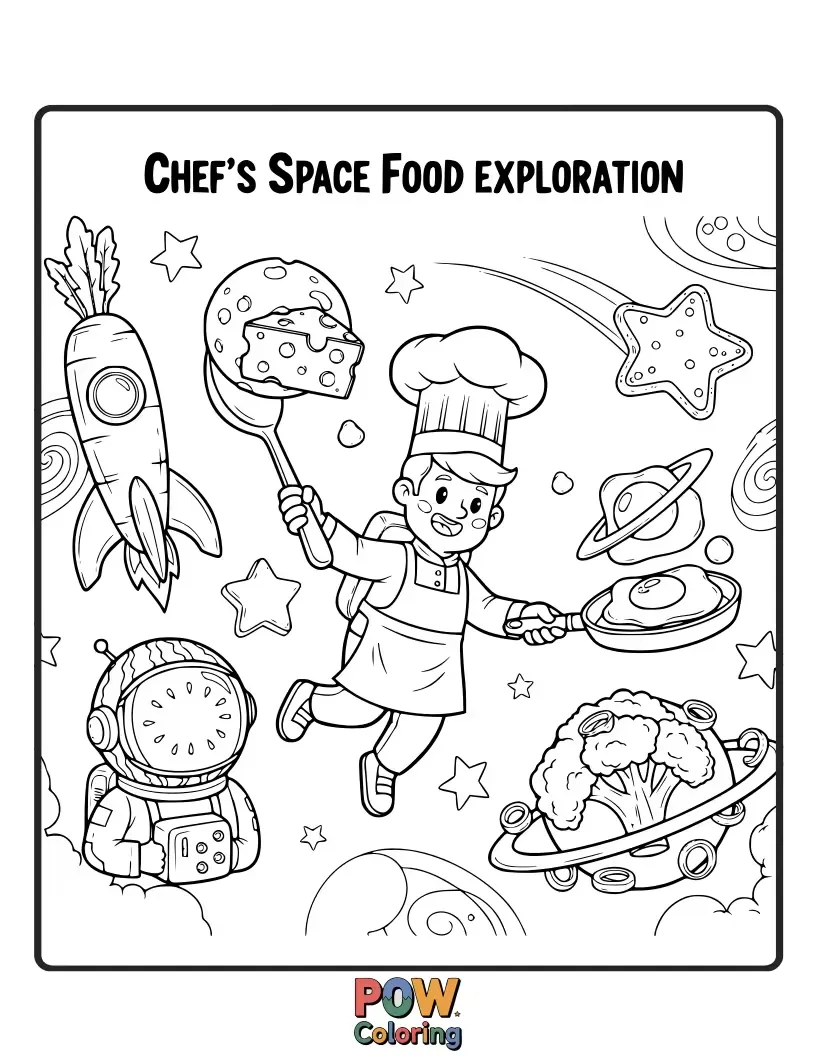 Free coloring page of An adventurous chef in a spaceship kitchen, preparing futuristic, glowing meals for astronauts with planets and stars in the background.