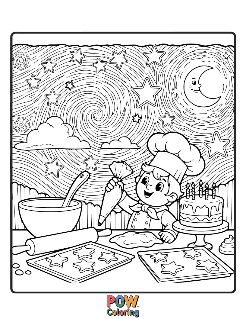 Free coloring page of A focused chef under a starry sky, meticulously decorating a celestial-themed cake with constellations and moon-shaped cookies.