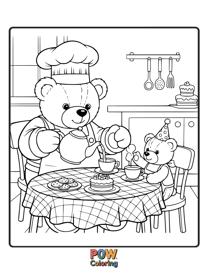 Free coloring page of A sweet chef setting up a charming tea party for a group of cuddly teddy bears, serving tiny sandwiches and cookies.