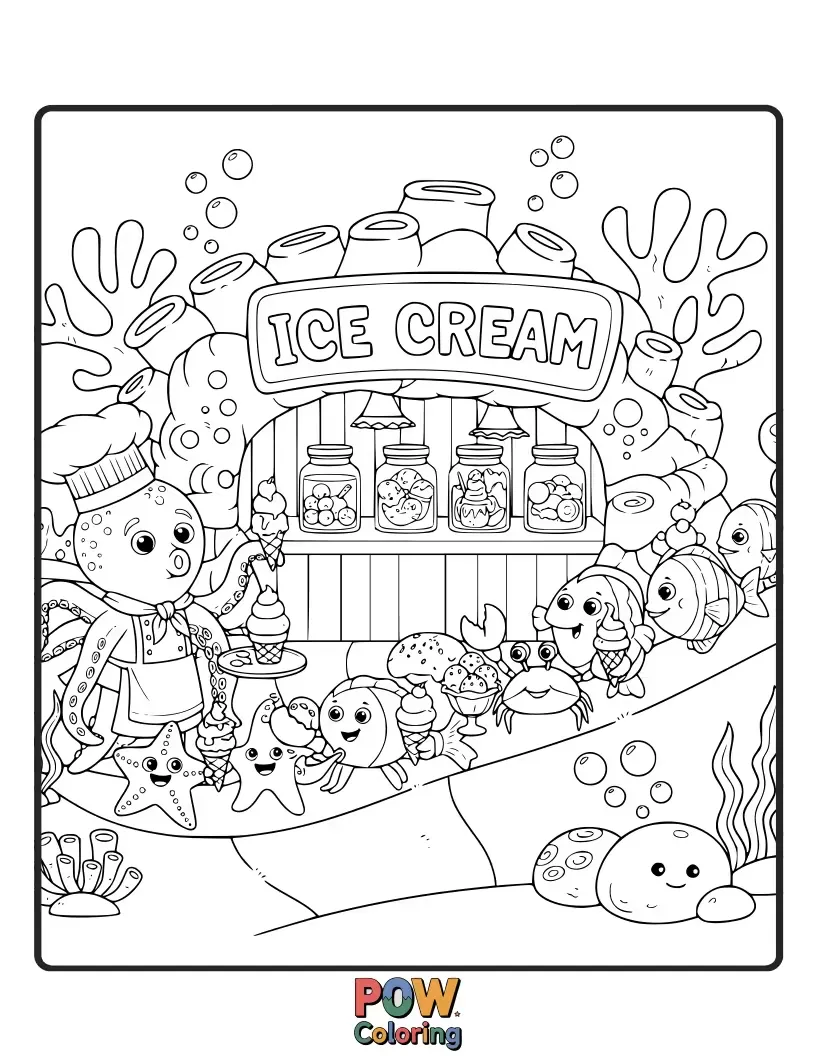 Free coloring page of A cheerful chef serving colorful ice cream scoops to mermaids and mermen in a whimsical underwater parlor filled with coral.