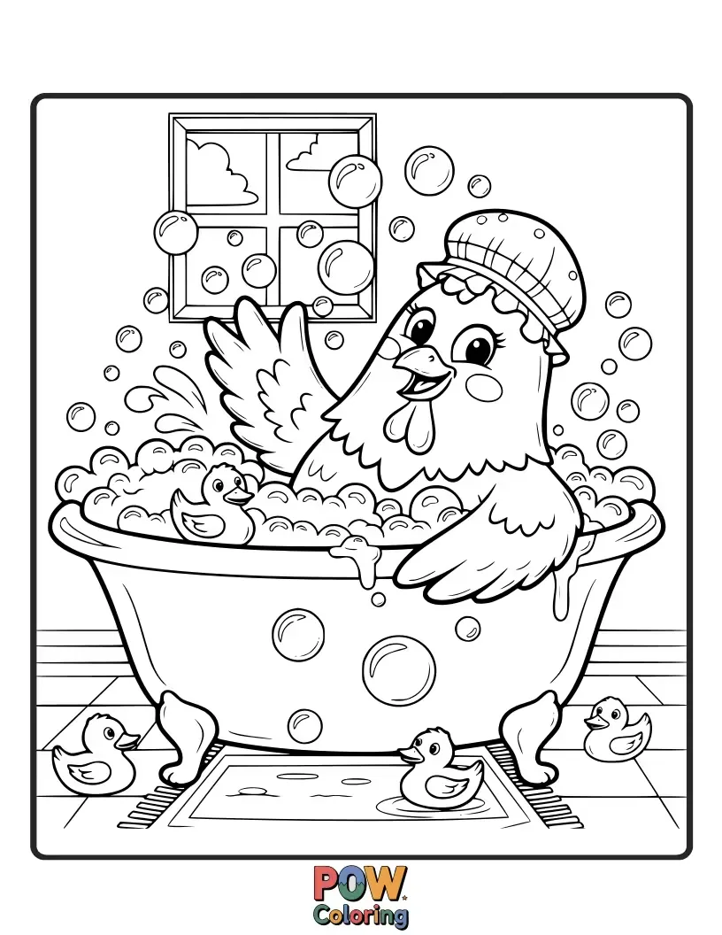 Free coloring page of A giggling chicken splashing in a bubbly bathtub, surrounded by rubber ducks. Create a cheerful, sudsy scene.