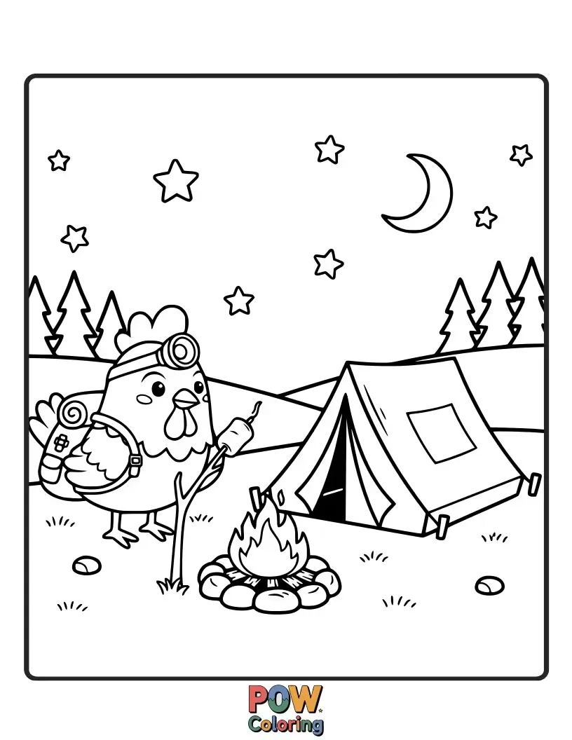 Free coloring page of A cozy chicken roasting marshmallows by a campfire under a starry sky. Capture the warmth and wonder of the outdoors.