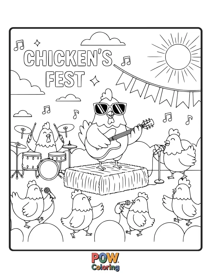 Free coloring page of A lively chicken dancing joyfully at a vibrant music festival. Capture the energy and excitement of the event.