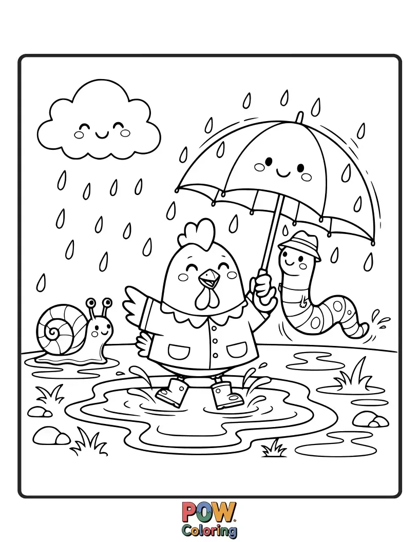 Free coloring page of A happy chicken splashing in puddles with bright yellow boots. Bring cheer to a gloomy day with lively colors.