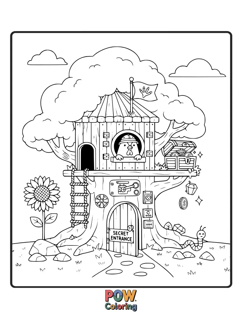 Free coloring page of A stealthy chicken peeking from a secret fort made of twigs. Imagine the hidden treasures and secrets within.
