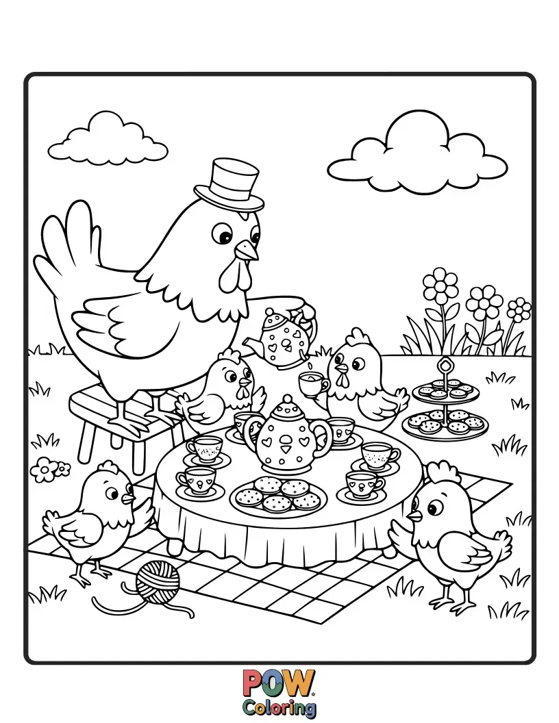 Free coloring page of An elegant chicken gracefully sipping tea from a delicate teacup. Create a charming and sophisticated scene.