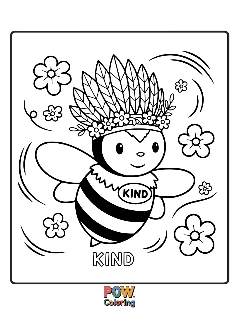 Free coloring page of A buzzy bee chief, with delicate wings and a flower crown, spreads kindness throughout the meadow.