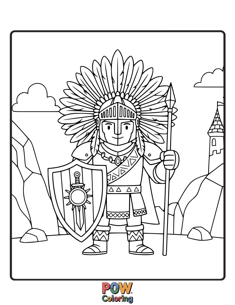 Free coloring page of A valiant lion chief, in shining armor with a shield, guards a fantastical castle.