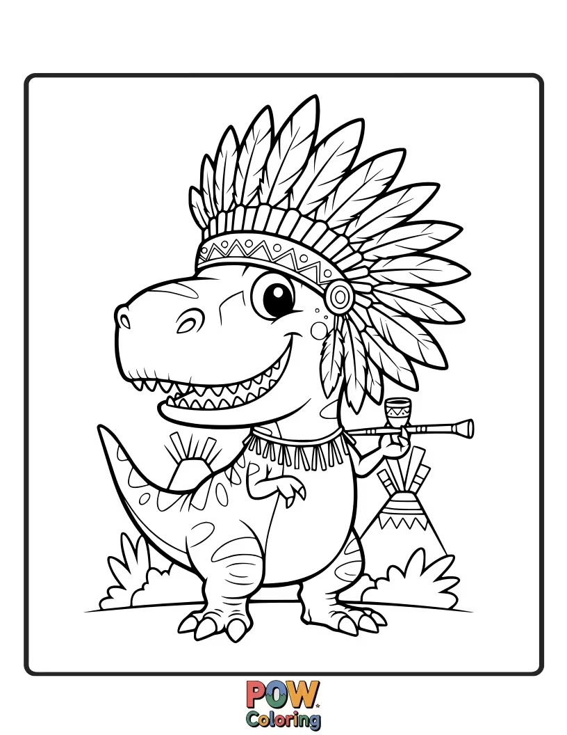 Free coloring page of A friendly T-Rex chief, with a leafy crown, shares a gentle roar with playful baby dinosaurs.
