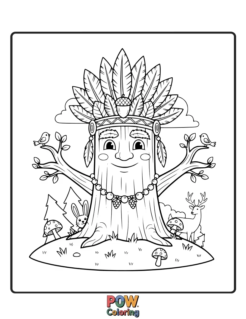 Free coloring page of A gentle deer chief, adorned with wildflowers, guides tiny woodland creatures through a sun-dappled glade.