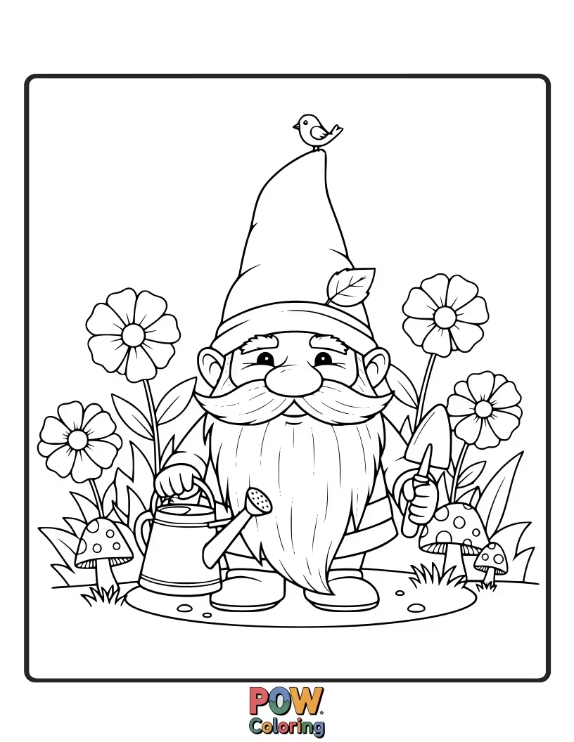 Free coloring page of A tiny mushroom chief, with a pointy hat and a friendly smile, tends to a magical enchanted garden.