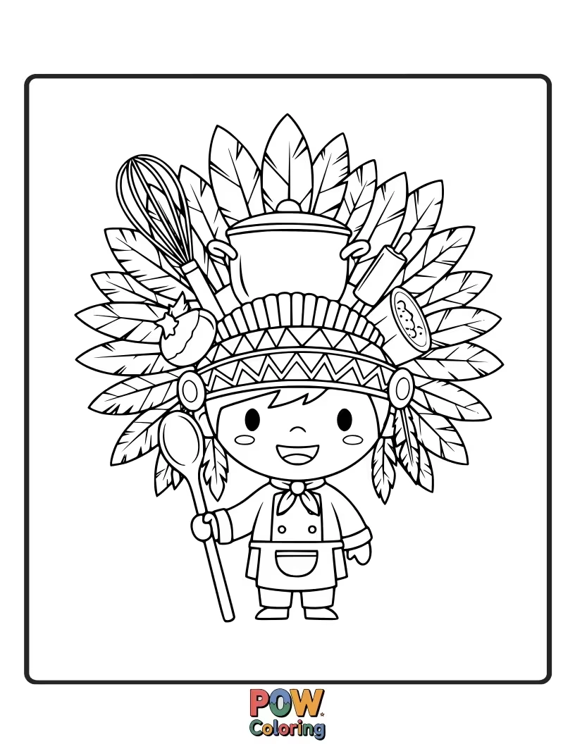 Free coloring page of A tiny baker chief, with a chef's hat askew, decorates a whimsical cake with frosting swirls.