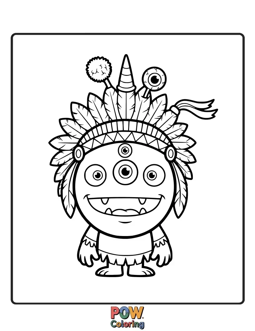 Free coloring page of A quirky, googly-eyed monster chief, with silly horns, throws a fun, colorful party for its monster friends.