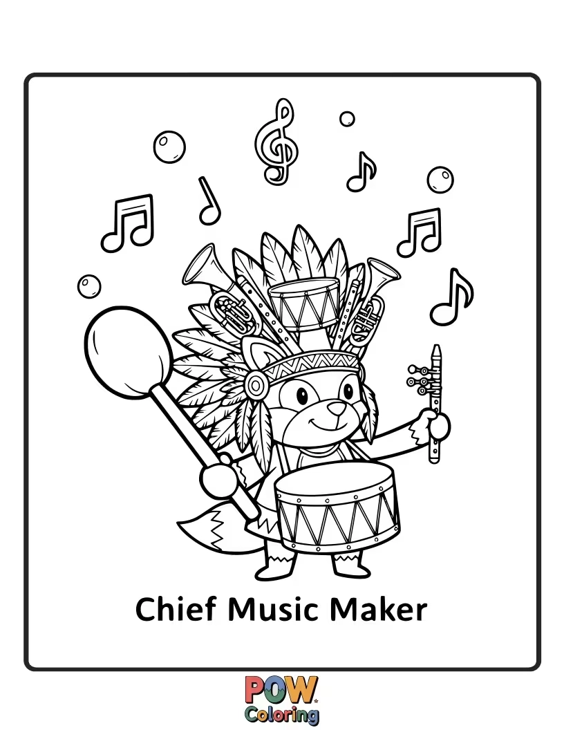 Free coloring page of A musical note chief, with a tiny instrument, conducts an orchestra of friendly insects.