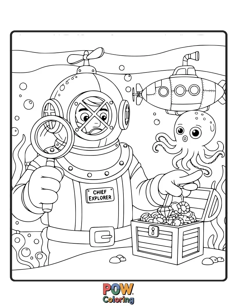 Free coloring page of A brave seahorse chief, with a coral crown, navigates colorful underwater coral reefs.