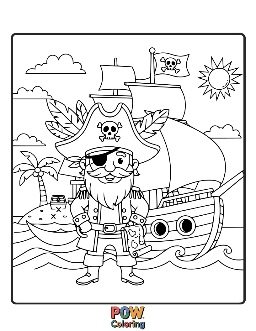Free coloring page of A swashbuckling parrot chief, with an eyepatch and treasure map, embarks on a grand island quest.