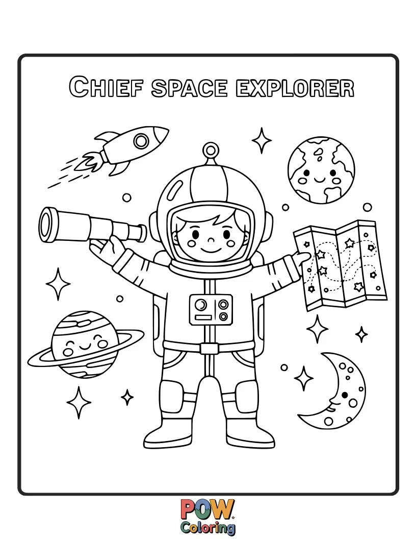 Free coloring page of A curious astronaut chief, with a planet-shaped helmet, floats among twinkling stars and a friendly alien.