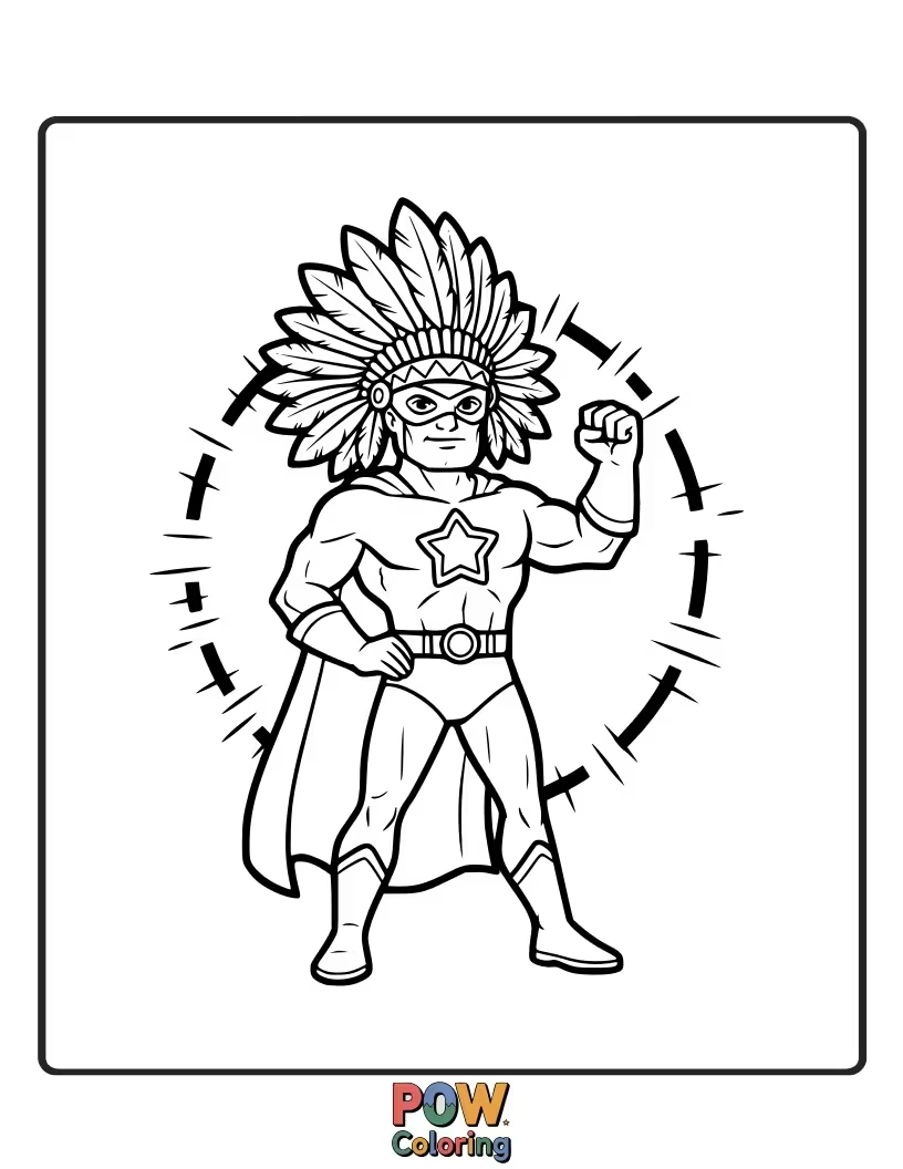 Free coloring page of A strong superhero chief, with a cape and a lightning bolt emblem, ready to save the day.