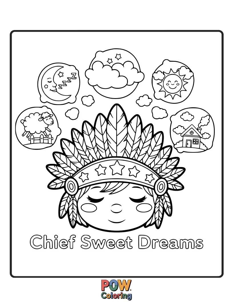 Free coloring page of A sleepy moon chief, with a soft cloud pillow, tucks in little stars with lullabies.