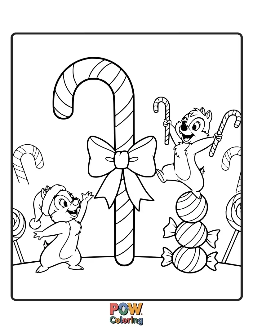 Free coloring page of Chip and Dale are playfully battling over a giant candy cane in a snowy wonderland.