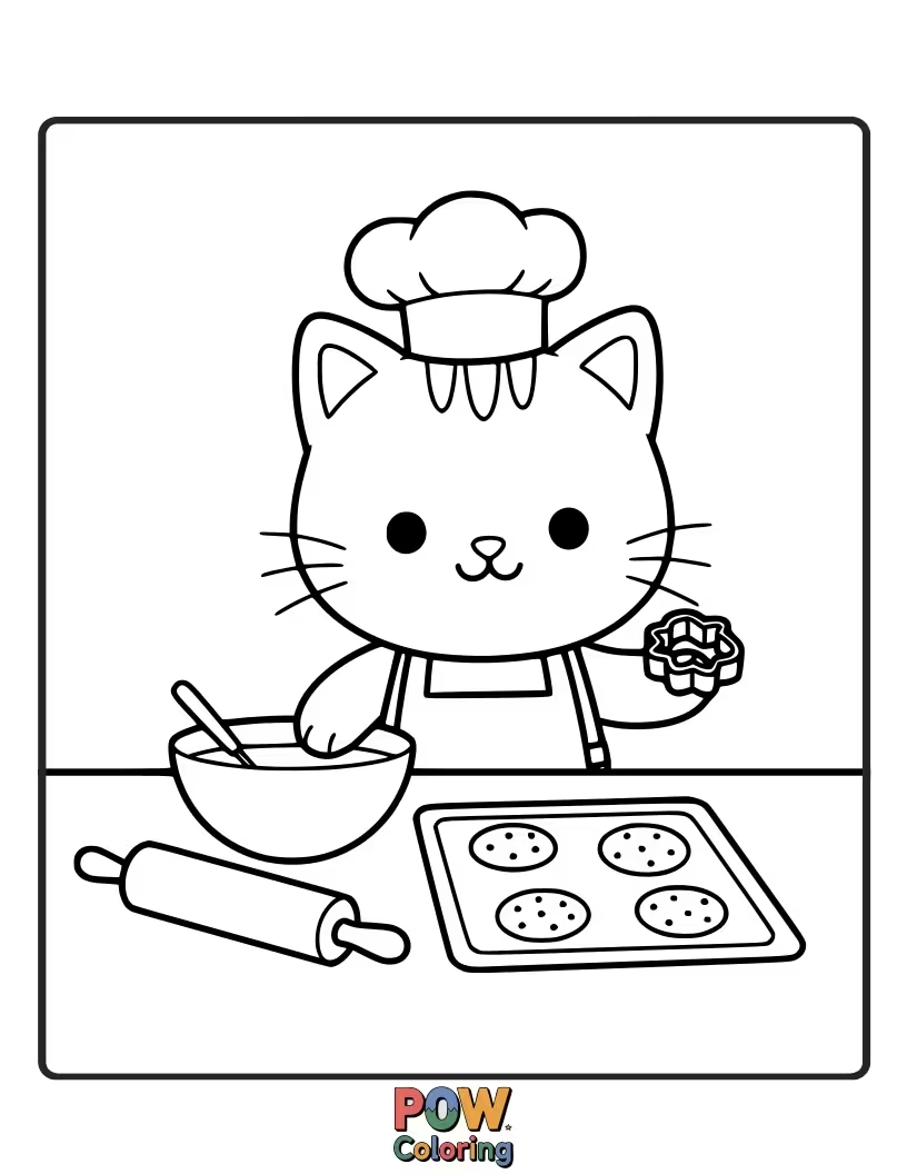 Free coloring page of Chococat measuring flour and sugar for a batch of delicious cookies.