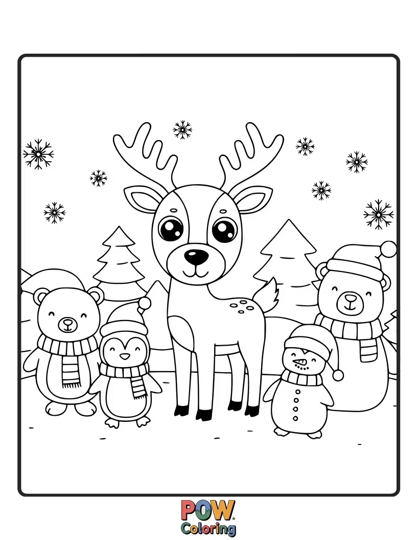 Free coloring page of Various cute animals like a fox, rabbit, and owl, dressed up for Christmas and enjoying the festive season.
